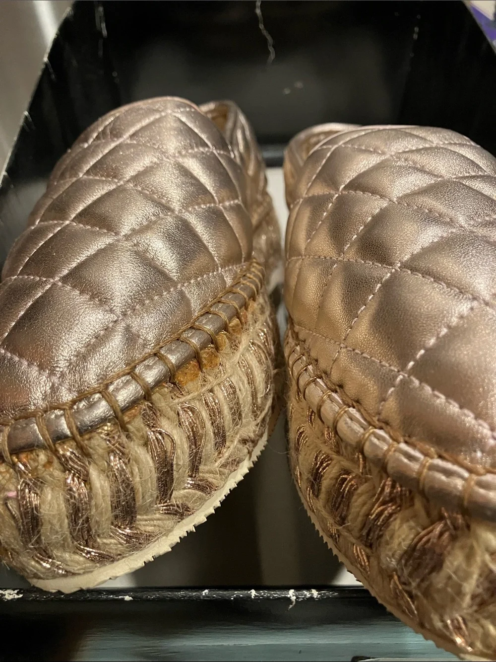 Quilted Metallic Espadrille Slip-Ons in Rose Gold
